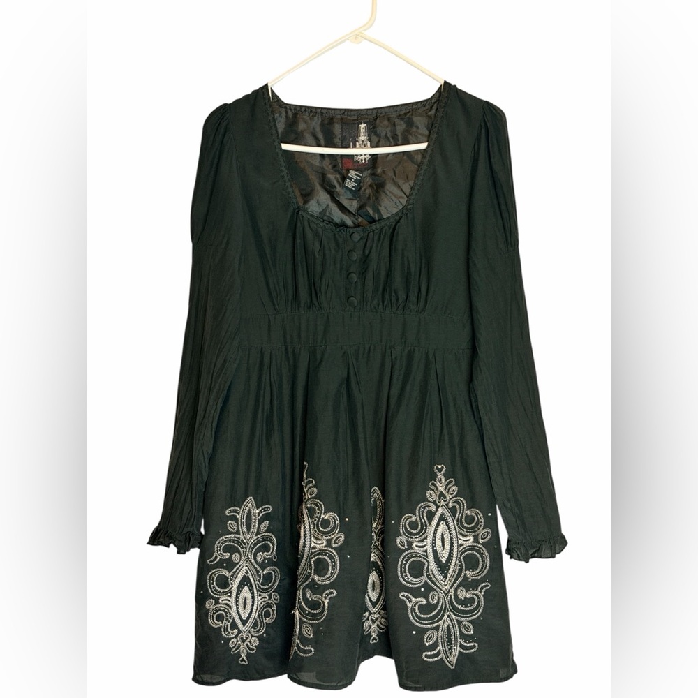 Vintage 2000s Forever 21 Black Silk Embroidered Dress M Y2K Gothic Fairy Grunge